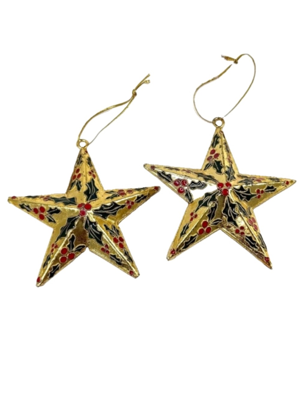 Pair Cloisonné Christmas Tree Ornament Star Gold Tone Metal Red Green Holly Vtg